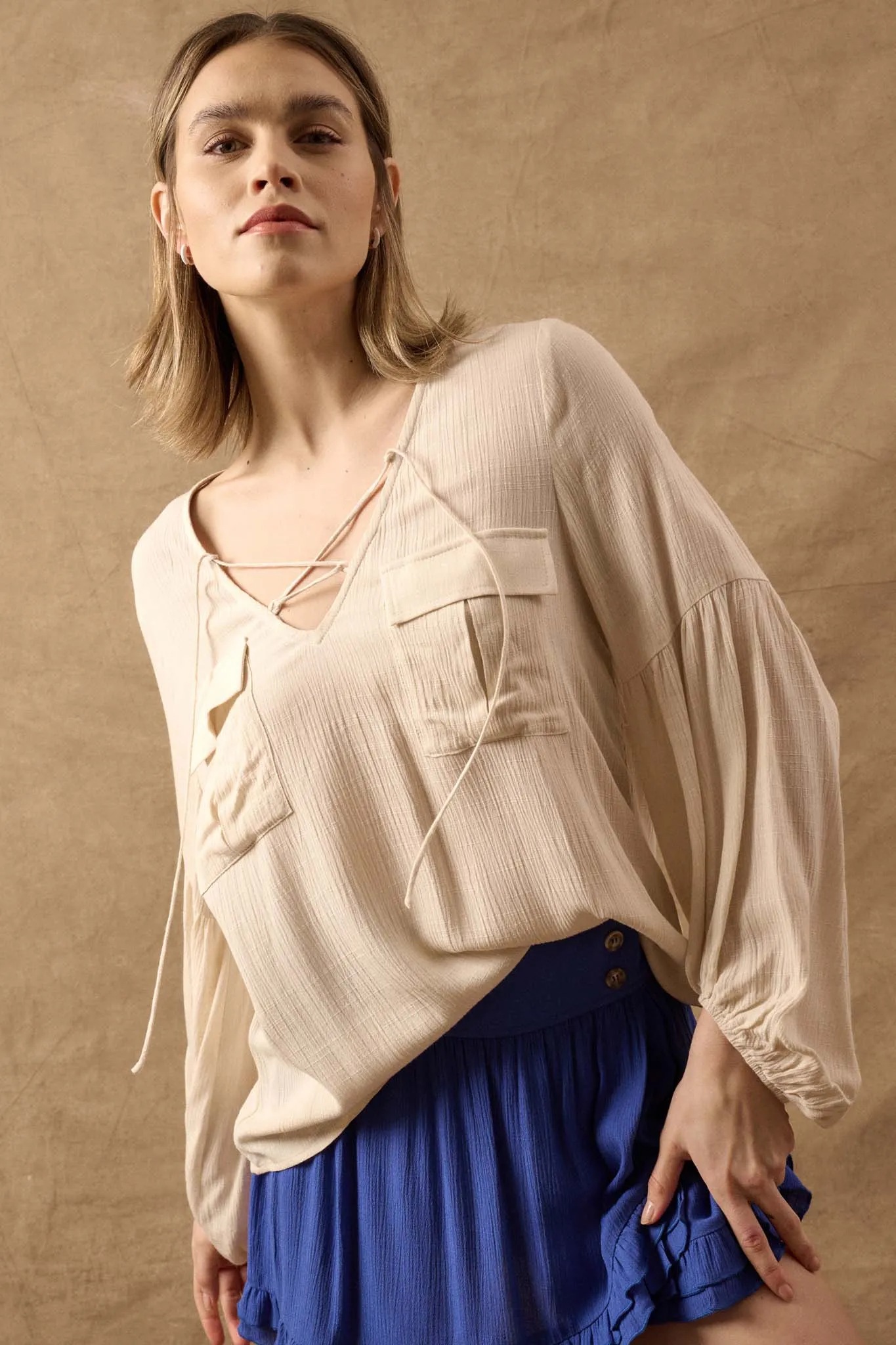 True Nature Balloon-Sleeve Pocket Peasant Top