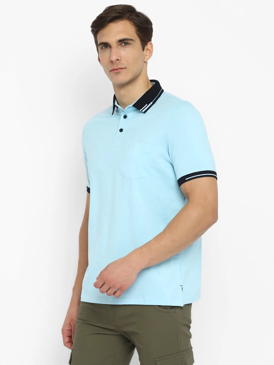 Turtle Men Light Blue Solid Polo Neck T-Shirts