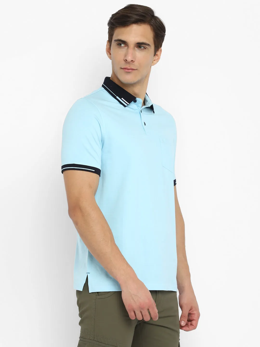 Turtle Men Light Blue Solid Polo Neck T-Shirts