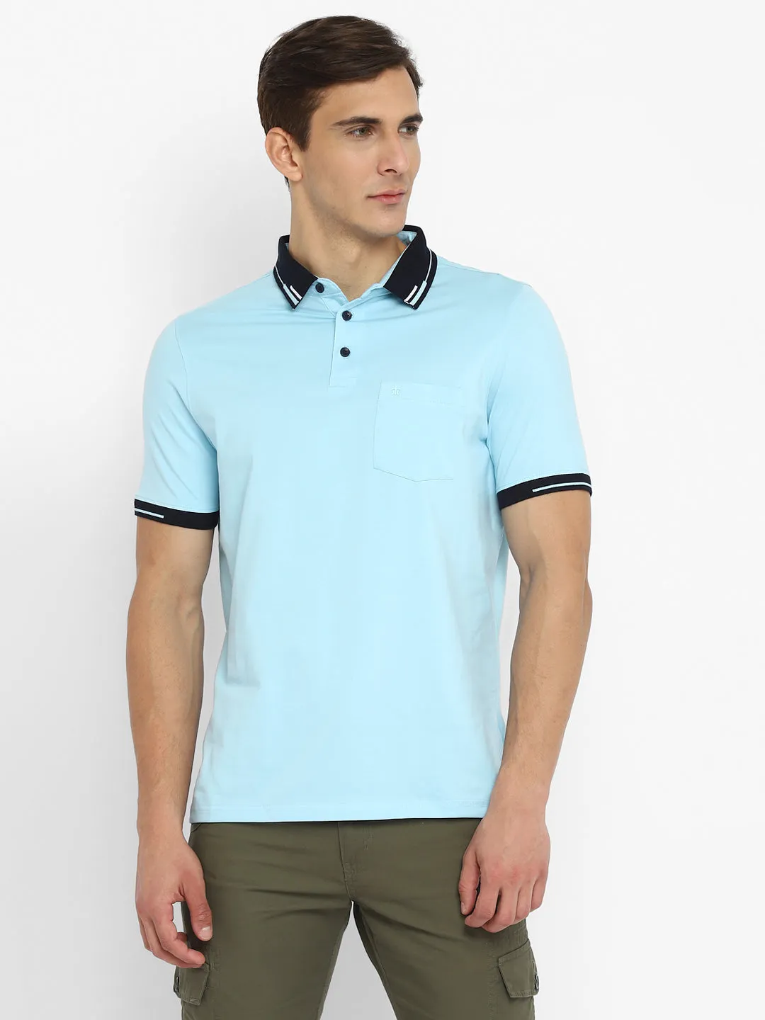 Turtle Men Light Blue Solid Polo Neck T-Shirts