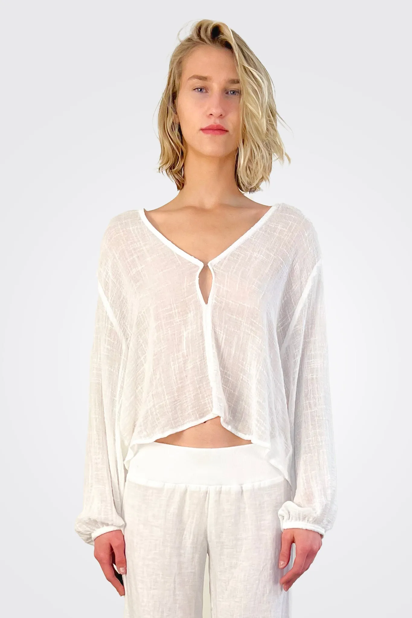 V Neck Modern Peasant Blouse - Cloud