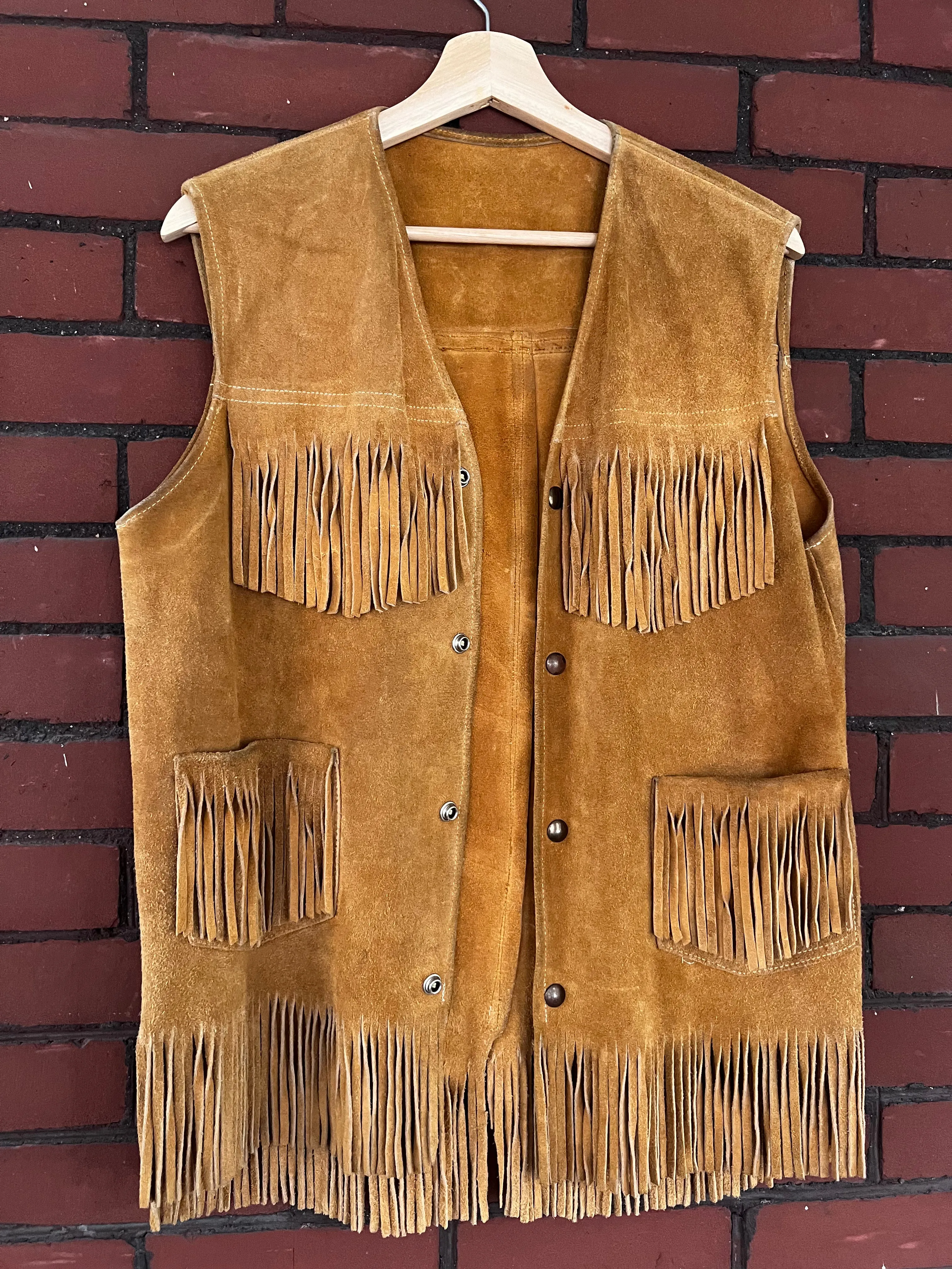 Vintage 60's Tan Suede Leather Fringe Front Snap Vest (M)