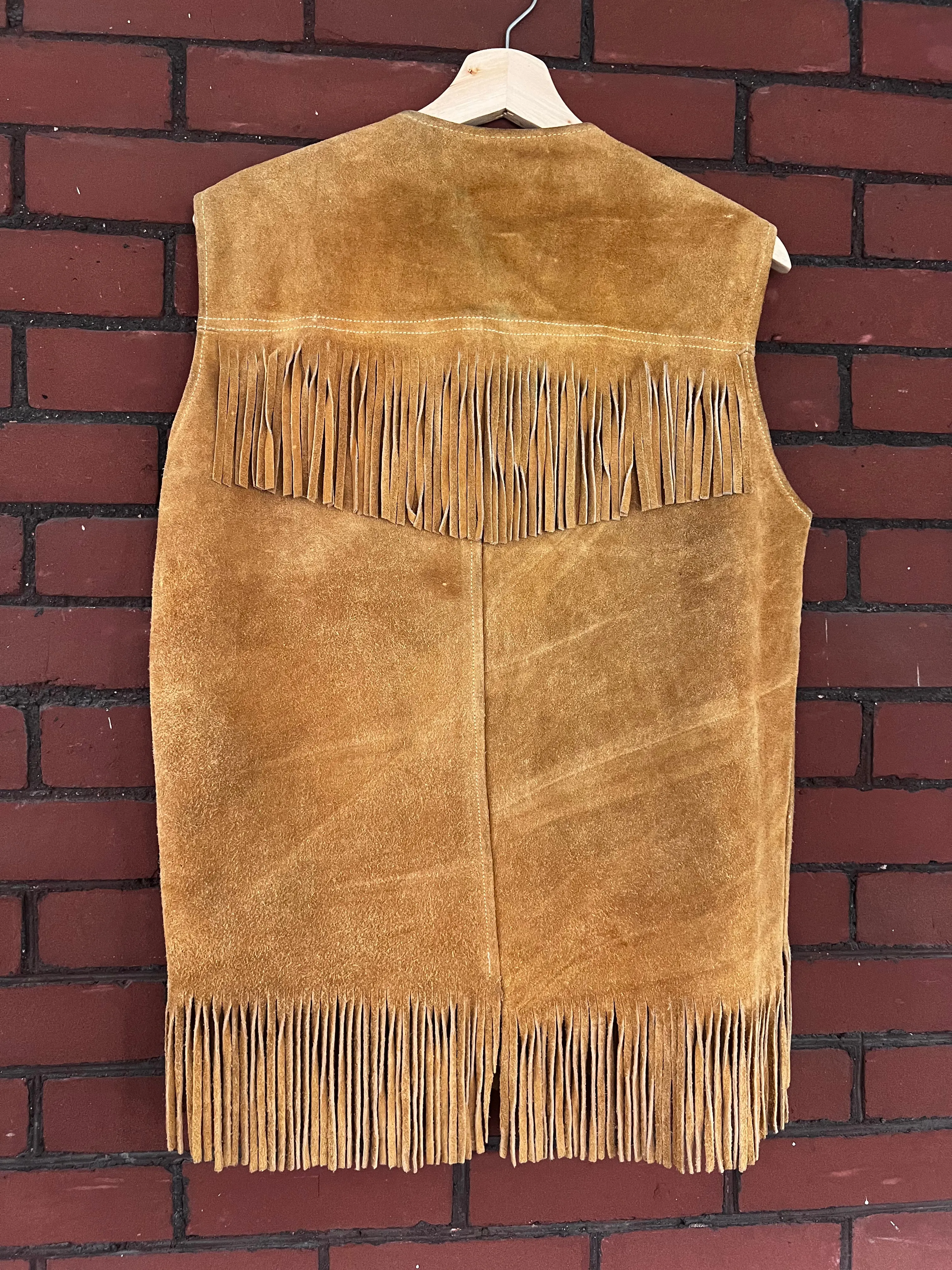 Vintage 60's Tan Suede Leather Fringe Front Snap Vest (M)