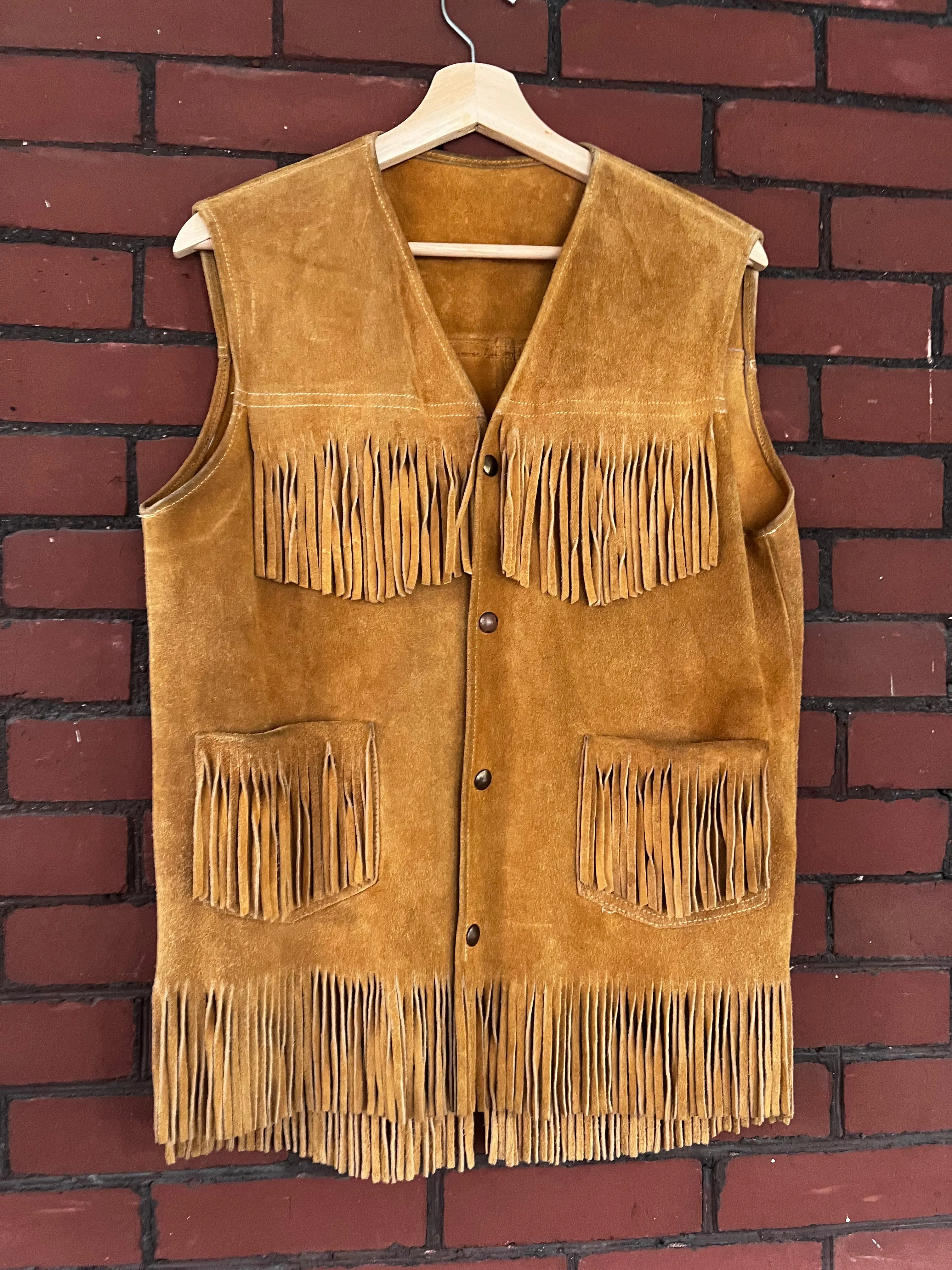 Vintage 60's Tan Suede Leather Fringe Front Snap Vest (M)