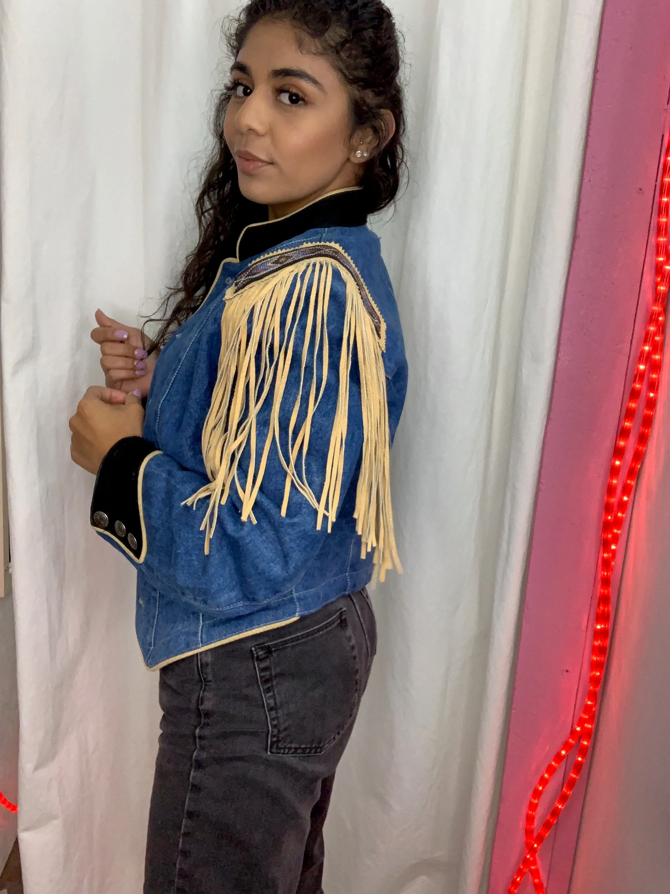 Vintage 80s 90s | Denim Western Beaded Embellished Jacket with Fringe | S M