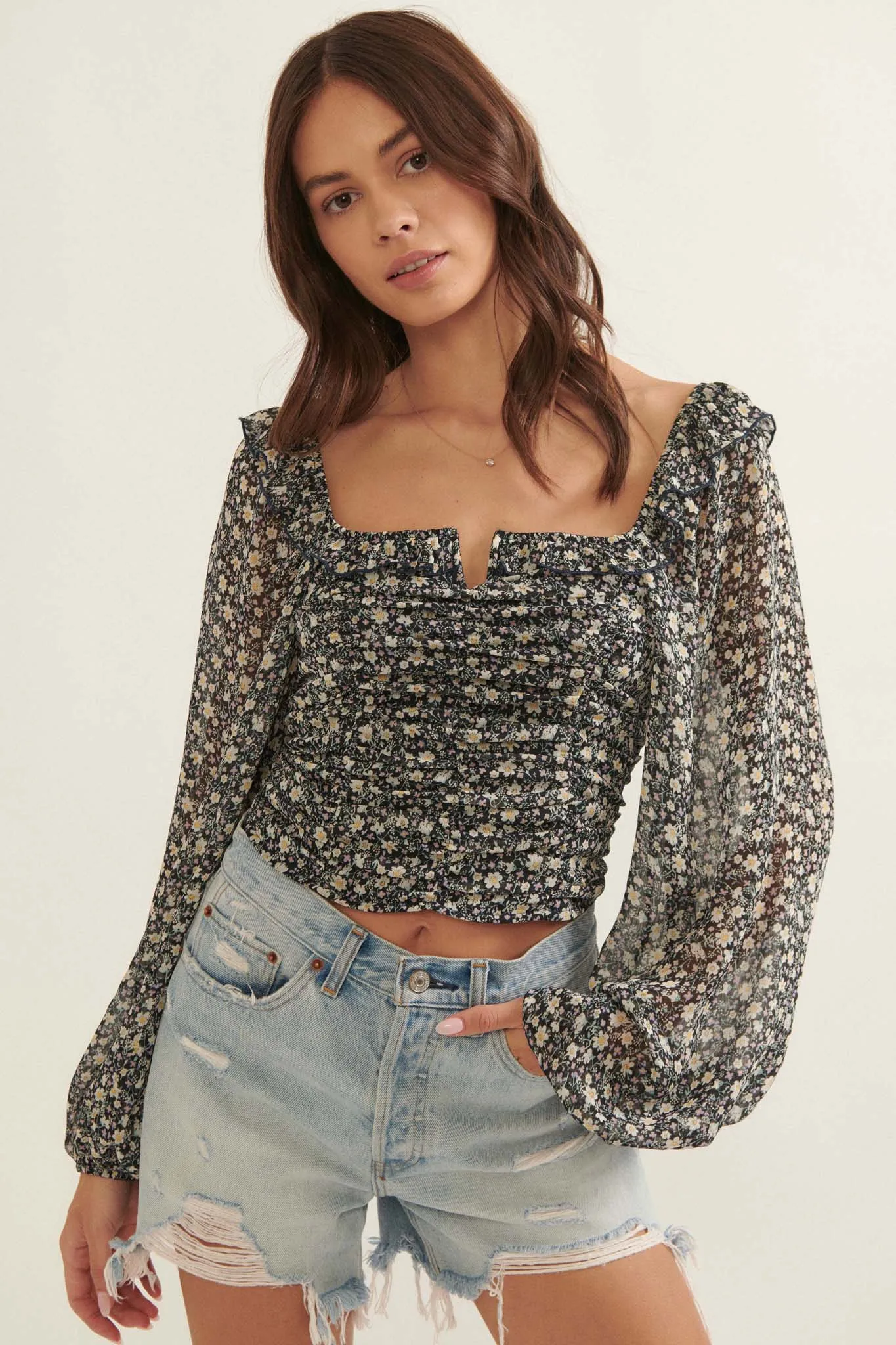 Whisper My Name Ruched Floral Peasant Top