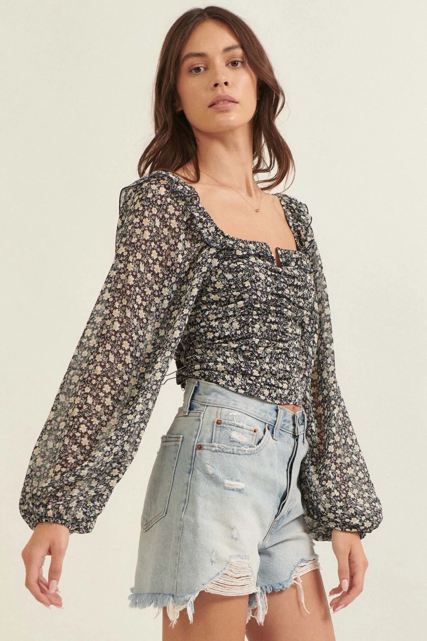 Whisper My Name Ruched Floral Peasant Top