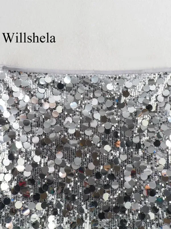 Willshela Women Fashion With Sequined Solid Side Zipper Mini Skirt Vintage High Waist Female Chic Lady Skirts