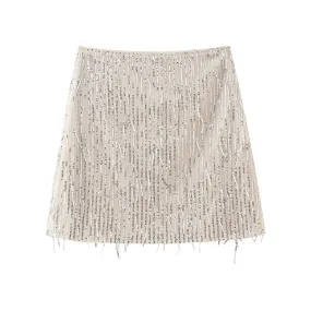 Winter Women Clothing Fashionable All Match Sequined Tassel Half Length Mini Skirt