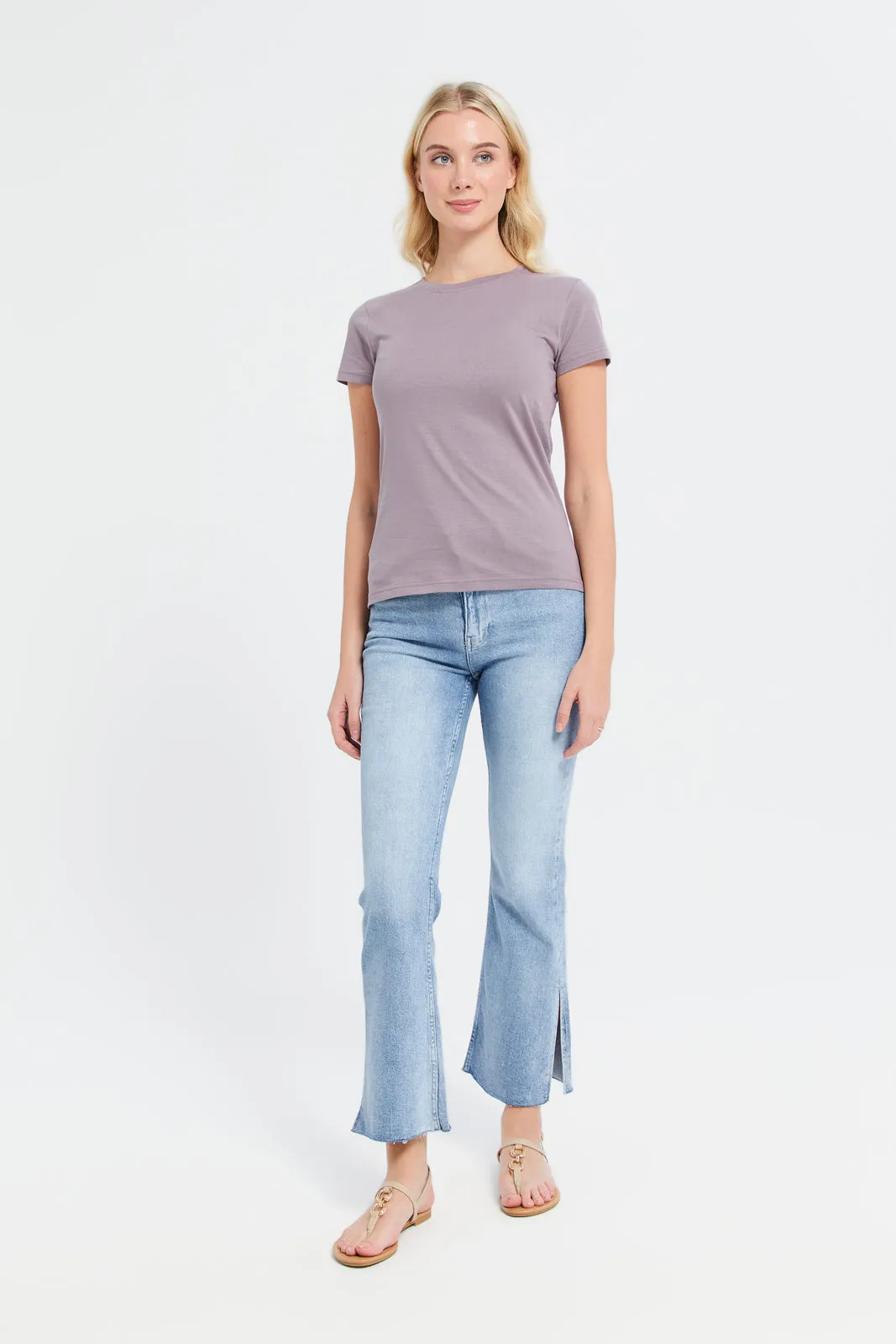 Women Mauve Short Sleeve Crew Neck T-Shirt