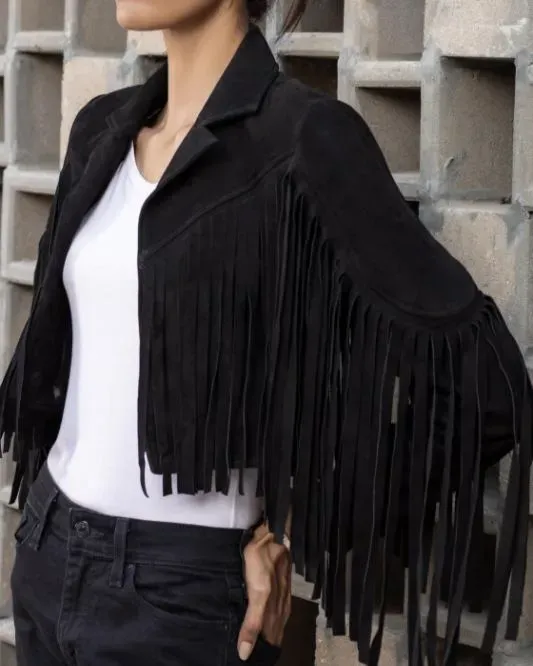 Women's Black  Lambskin Suede Leather Jacket with Fringe Detailing