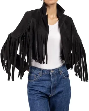 Women's Black  Lambskin Suede Leather Jacket with Fringe Detailing