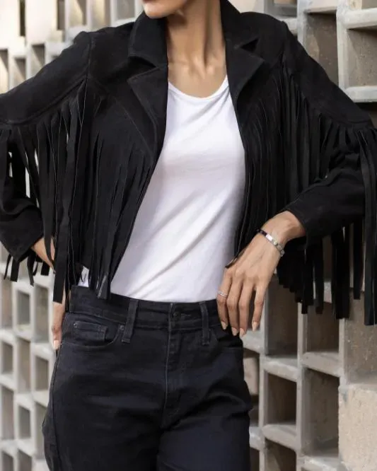 Women's Black  Lambskin Suede Leather Jacket with Fringe Detailing