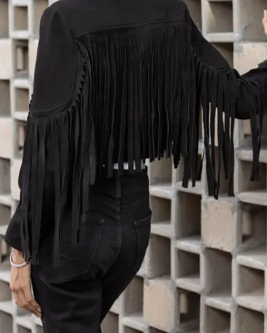 Women's Black  Lambskin Suede Leather Jacket with Fringe Detailing