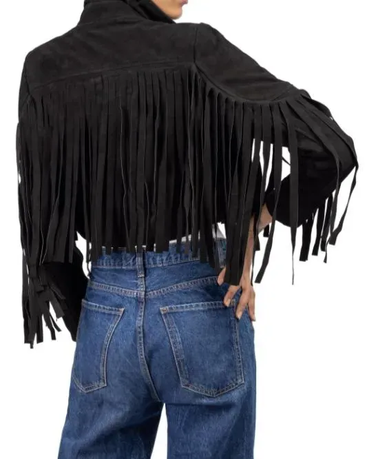 Women's Black  Lambskin Suede Leather Jacket with Fringe Detailing